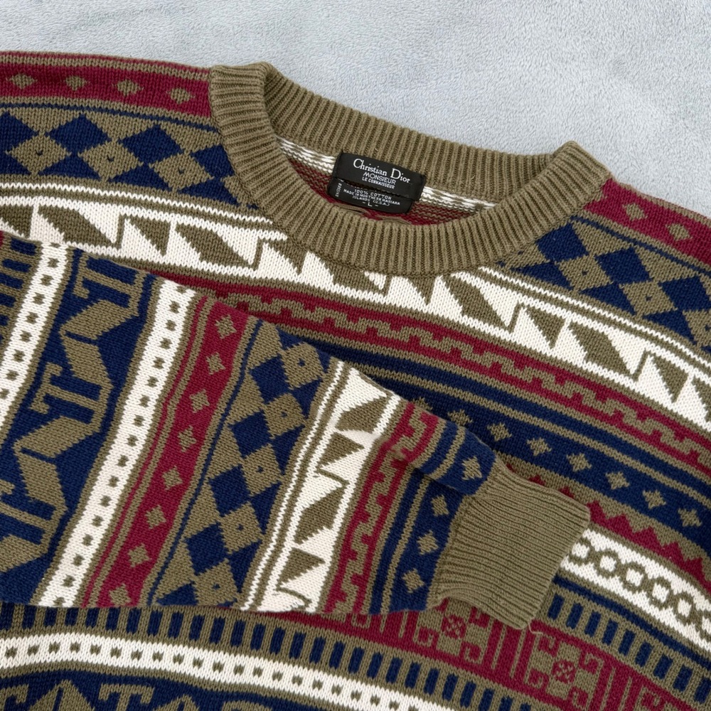 Vintage Christian Dior Monsieur Cotton Sweater Mens Large Multi Color Fair Isle